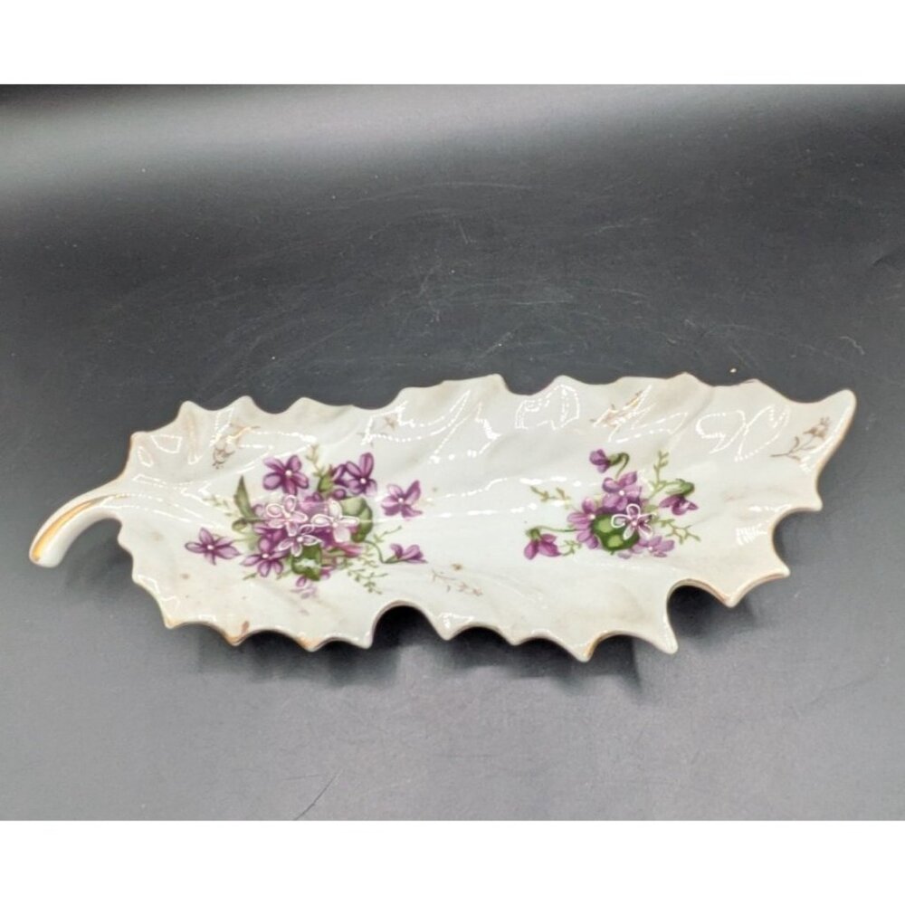 Arnart Porcelain Leaf Dish Purple Violets Gold Gilt Trim Olive Nuts 10"